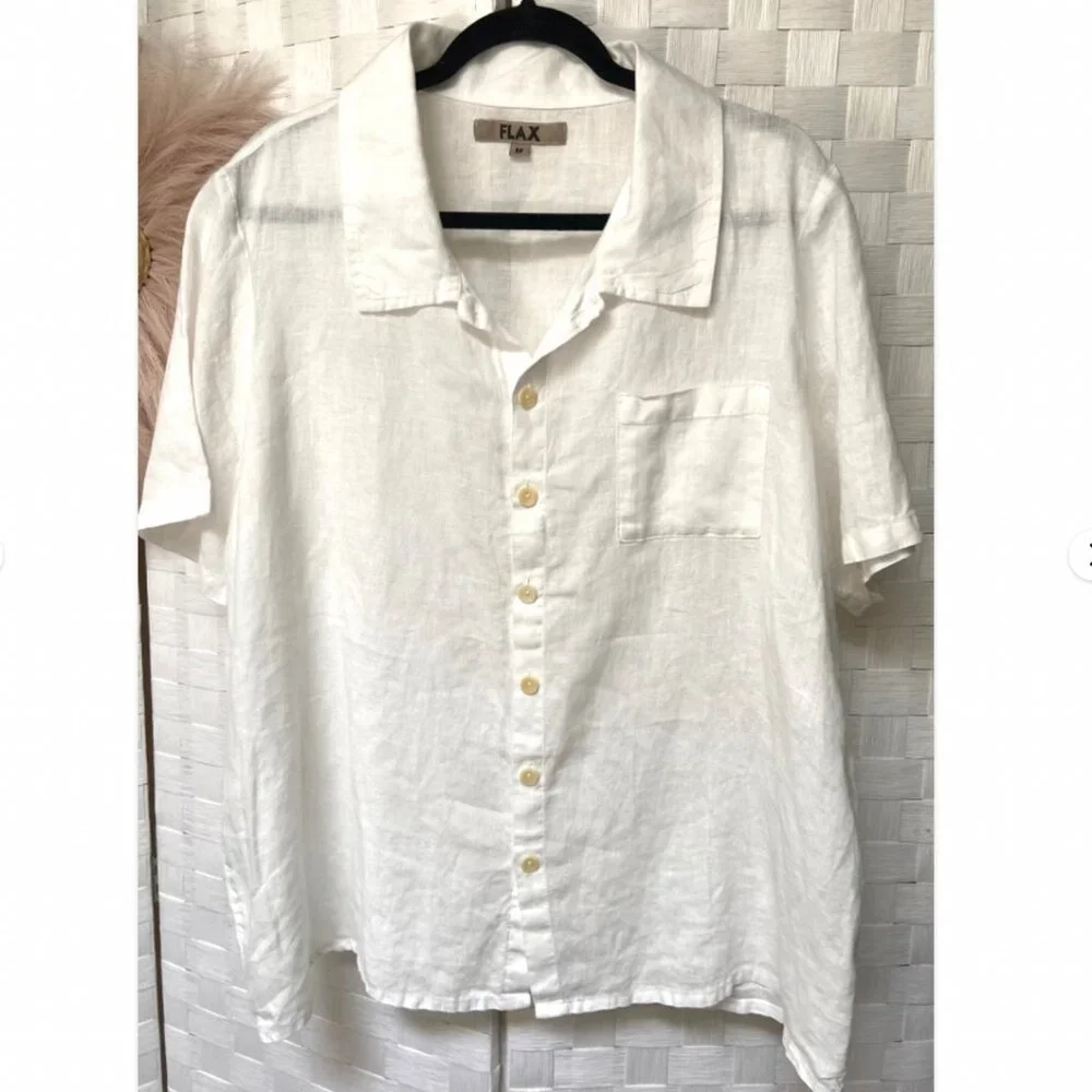 FLAX 100% Linen Short Sleeve White Collared Shirt Size M - Picture 1 of 5